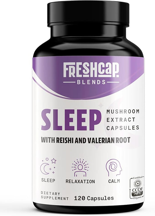 FreshCap 5-in-1 Sleep Supplement, Magnesium for Sleep, Magnesium Supplement, Calm, 7000mg Reishi Mushroom Extract, Valerian Root Capsules, Valerian Root Extract, Ayurveda (120 Capsules)