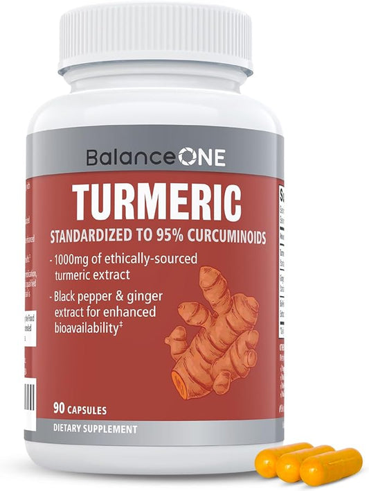 Balance ONE Turmeric Extract 1000mg with Max Strength 95% Curcuminoids - Turmeric Curcumin Supplement for Daily Joint & Immune Support - Ginger Extract and BioPerine - 1 Month Supply