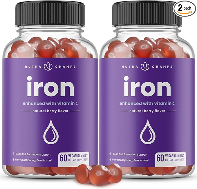 NutraChamps Iron Gummies with Vitamin C, 20mg Iron Gummies for All, Blood Cell Formation Support, 120 Gummies, Iron Gummy for Iron Deficiency & Anemia, Energy, Focus, Immune Boost Pack of 2