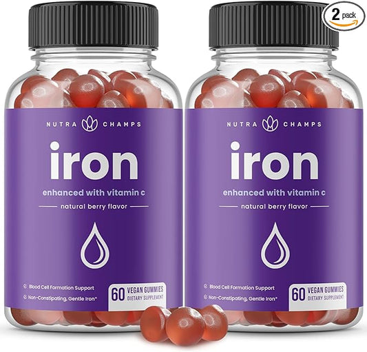 NutraChamps Iron Gummies with Vitamin C, 20mg Iron Gummies for All, Blood Cell Formation Support, 120 Gummies, Iron Gummy for Iron Deficiency & Anemia, Energy, Focus, Immune Boost Pack of 2