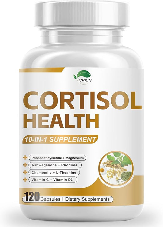 Cortisol Supplement for Women & Men,10-in-1 Cortisol Reducer Manager,Magnesium L-threonate,Ashwagandha,and Rhodiola,Chamomile,Phosphatidylserine,L-Theanine,Vitamin C,Calm & Sleep Support(120 Capsules)