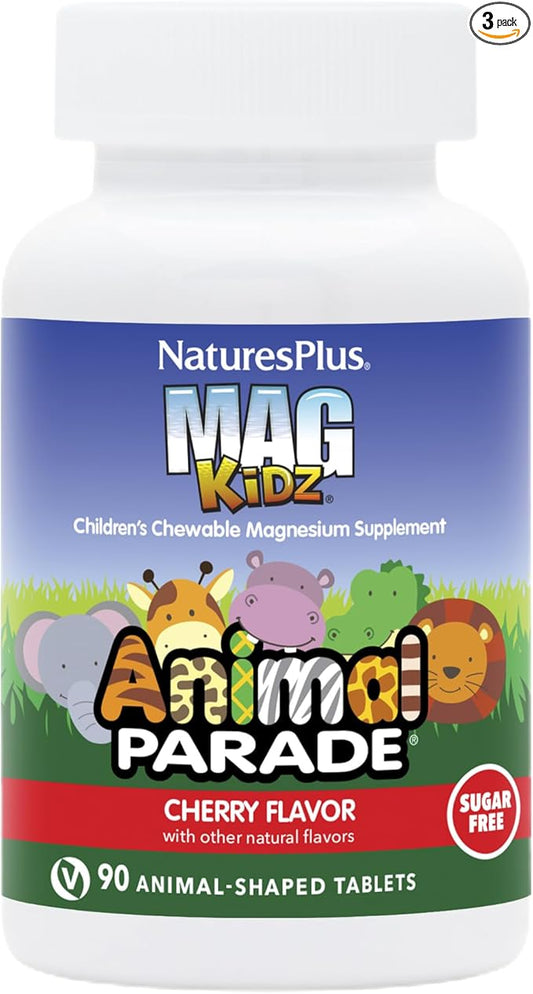 NaturesPlus Animal Parade MagKidz, Natural Cherry Flavor - 90 Animal-Shaped, Chewable Tablets - Pack of 3 - Bone & Muscle Health Support - Non-GMO, Vegan, Gluten Free, Sugar Free - 135 Total Servings