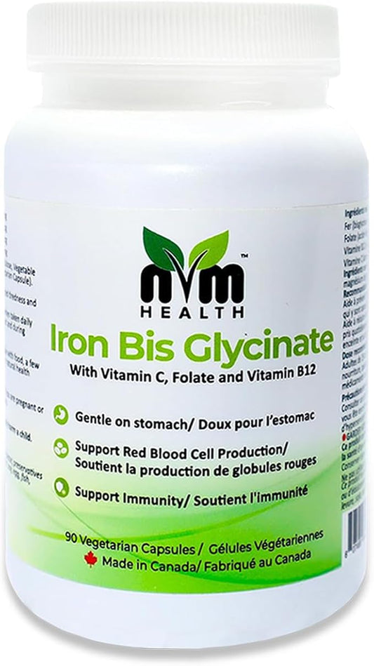 Gentle Iron Supplement for Adults I Iron bisglycinate with Vitamin C, B12, Folic Acid I Supports Red Blood Cell Formation & boosts Immunity - 90 Vegeterian Capsules, Gluten Free