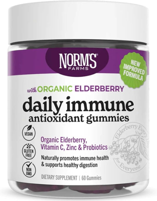 Norm's Farms Daily Immune Elderberry Gummies - Vitamin C, Zinc & Probiotics - Vegan, Gluten Free, Kosher, Non-GMO - 60 Gummies