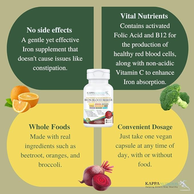 KAPPA NUTRITION Iron 26mg, Vitamin C & Orange 150mg, Folate 667mcg DFE, Vitamin B12, Beetroot, Brewers Yeast, Broccoli & MCT Oil 9 in 1 Advanced Complex (60 Capsules)