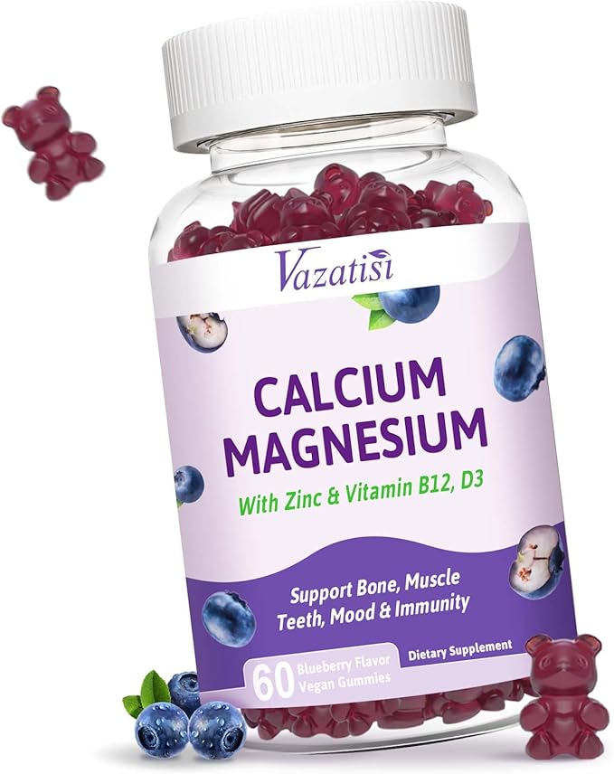 Calcium Magnesium Zinc Gummies with Vitamin D3 & B12, Sugar Free Calcium Supplements for Women Men, Support Immunity, Vegan Blueberry Flavor