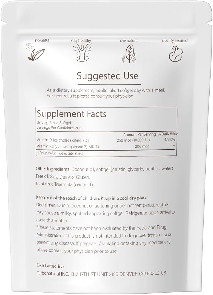 300 Pcs 2 in 1 Vitamin D3 10000 iu Plus K2 (MK-7) 200 mcg Virgin Coconut Oil Softgels with Vitamins D & K Supports Calcium Absorption, Bone, Immune, & Heart Health – Easy to Swallow