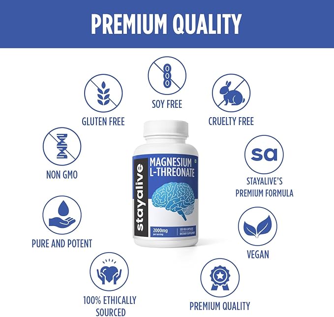 STAY ALIVE Pure Magnesium L-Threonate Supplement 2000mg, Chelated, High Absorption, 120 Capsules w/Elemental Magnesium Powder, Non-GMO & Gluten Free L-Threonate Complex for Women and Men