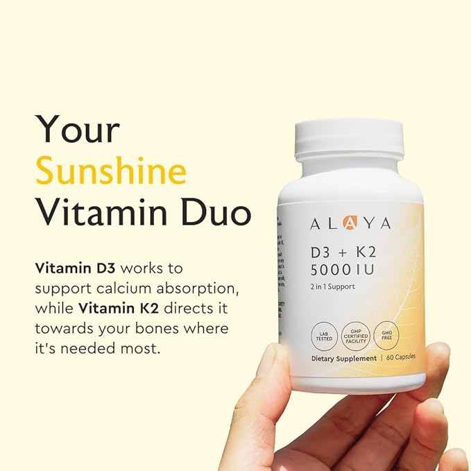 Alaya Naturals Vitamin D3 K2 Supplement – 5000 IU D3, 50 mcg K1, 15 mcg K2 MK-7 – High Absorption Capsules for Bone & Immune Support, Non-GMO, Vegetarian Capsules 60 Count