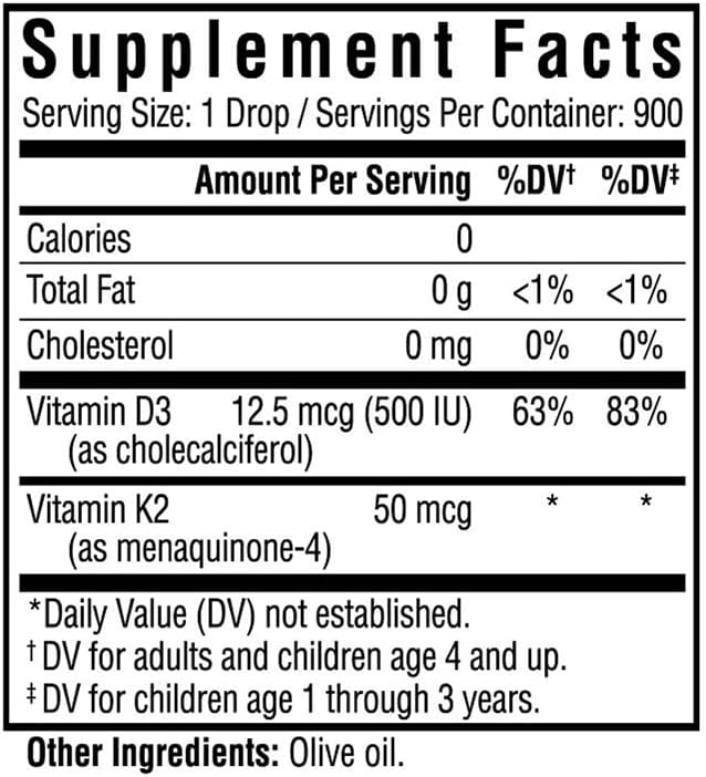 Seeking Health Vitamin D3 + K2 Drops, 12.5 mcg D3 and 50 mcg K2, for Calcium Absorption, Suitable for Kids and Toddlers 4+, Easy to Swallow Vegetarian Drops (1 fl Ounce)