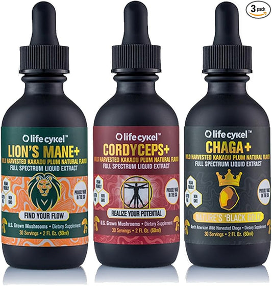 Life Cykel This is It Pack - Chaga, Lions Mane & Cordyceps Mushroom Extract - Full-Spectrum Mushroom Tincture for Energy, Mental Clarity & Immune Support - Vegan, Non-GMO- 2Fl/Oz Per Bottle