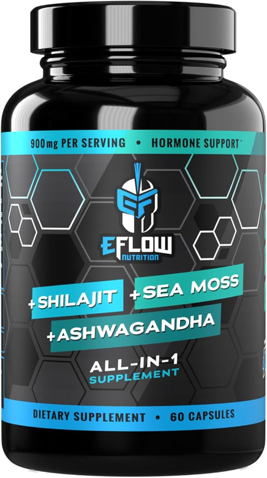 eFlow Nutrition Shilajit Capsules, Ashwagandha, Sea Moss [All-in-1] Trace Minerals, Fulvic Acid, Lab Tested Pure Himalayan Shilajit for Men & Women | Energy, Vitality & Hormonal Support (60 Capsules)