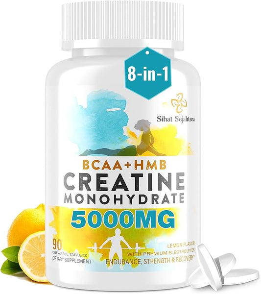 8-in-1 Creatine Monohydrate with BCAA & HMB, 5000 mg for Men & Women, Creatine Chews for Muscle, Recovery, Endurance & Strength, High Absorption, Lemon Flavor, Sugar-Free, 90 Tablets