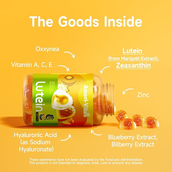 Lutein Gummies – 5mg Lutein & 1mg Zeaxanthin, Eye Vitamins for Kids & Teens, Orange Flavor, Sugar-Free, 60 Gummies