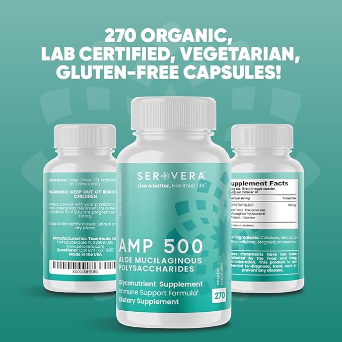AMP Aloe Glyconutrient Supplement - Support Immune System, Digestive Tract, and Colon Health 270 caps