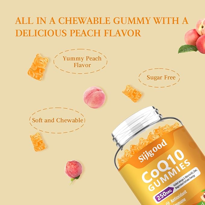 2 Pack CoQ10 Gummies, Plus Omega-3, Vitamin B3 and Zinc, Magnesium, 5X High Absorption Coenzyme Q10 Supplements, q10 for Boost Cellular Energy, Potent Antioxidant & Brain, Peach Flavor, 120 Cts