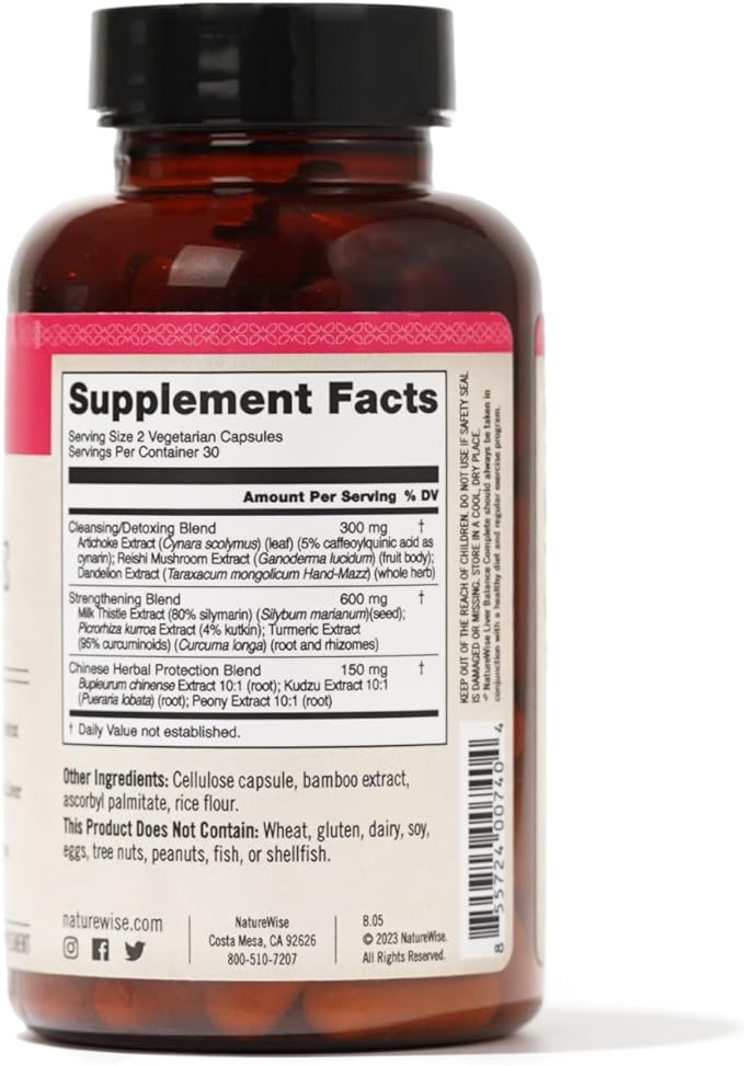 NatureWise Liver Balance Detox Supplement - Triple Repair Formula with Milk Thistle, Dandelion, Turmeric, Artichoke, Reishi Mushroom & Kudzu, Vegan - 60 Capsules[30-Day Supply]