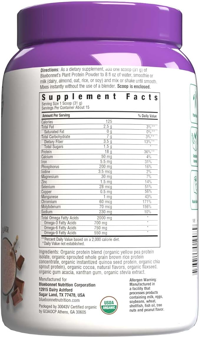 Bluebonnet Nutrition Organic Plant Protein - 18g Protein, 3.5g Fiber – Chia, Quinoa & More - Non-GMO, Vegan, Kosher, USDA Organic, No Sugar Added – Free of Gluten, Soy & Milk - 1 LB, Chocolate Flavor