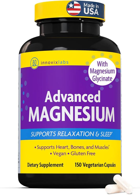 InnovixLabs Advanced Magnesium Capsules - 150 Ct, 210 mg - Chelated Magnesium Glycinate and Malate, High Absorption, Promotes Relaxation, Bones, Muscle Health, Vegan Magnesium Malate Sleep Supplement