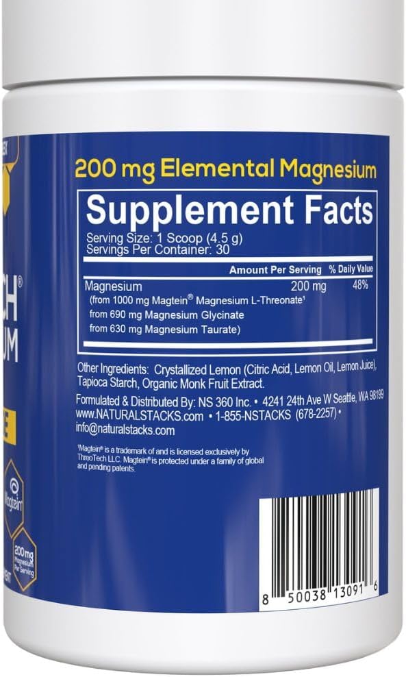 Magtein Magnesium L-Threonate, Glycinate & Taurate - MagTech Magnesium Powder - Sugar Free Lemonade Drink - 200mg Chelated Triple Complex - Supports Relaxation & Brain Health* - 30 Servings