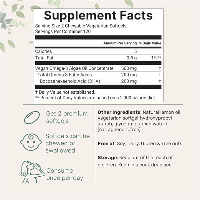 Omega-3 for Kids, 240 Chewable Veggie Softgels | Vegan Omega-3 from Algae Oil + 200mg DHA | Lemon Flavored | Fish Oil Supplements Alternative | Brain, Heart, & Immune Support | No Fishy Smell or Burps