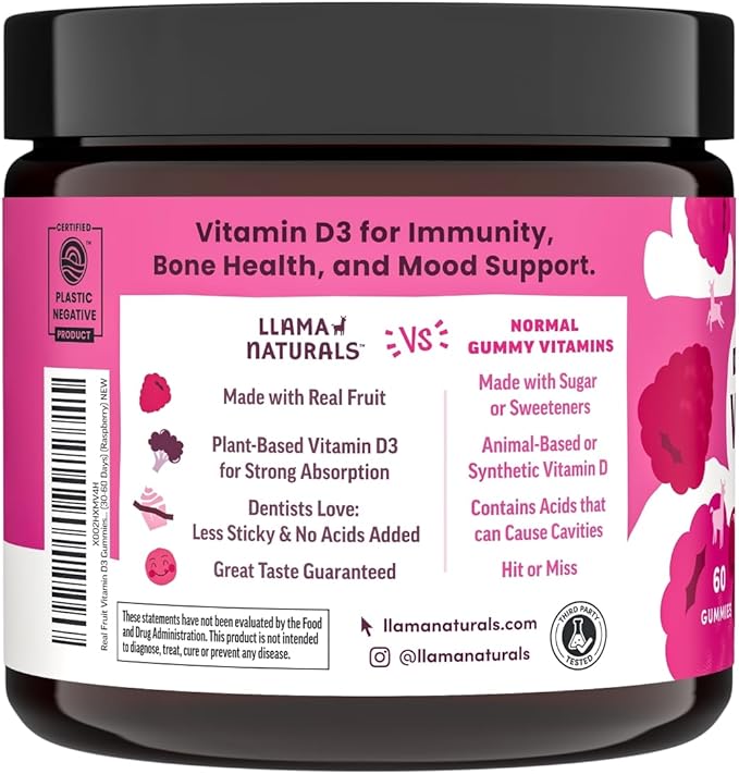 Llama Naturals Vitamin D3, Vegan, Organic Immune Support Supplement, Vitamin D Gummies for Adults and Kids, Real Fruit Gummy Vitamins, Promotes Bone Health, No Added Sugar Cane, Raspberry, 120 Ct