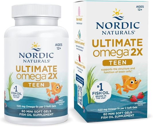 Nordic Naturals Ultimate Omega 2X Teen, Strawberry - 60 Mini Soft Gels - 1120 mg Total Omega-3s with EPA & DHA - Brain Health, Positive Mood, Social Development, Learning - Non-GMO - 30 Servings