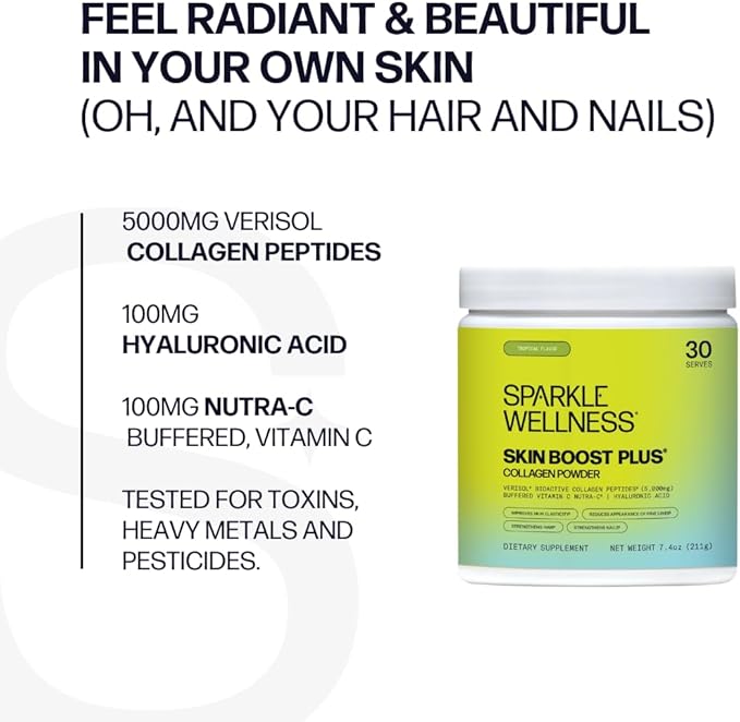 Sparkle Wellness Skin Boost Plus (Tropical) [30-Serves] | Collagen Powder Supplement with VERISOL Bioactive Hydrolyzed Collagen Peptides, Vitamin C & Hyaluronic Acid