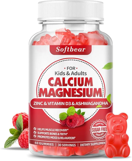 softbear Calcium Magnesium Zinc Gummies for Women, Calcium Magnesium Supplement High Absorption Calcium 600 mg with Vitamin D3 for Bone Strength Vegan Raspberry Flavor 60 Gummies