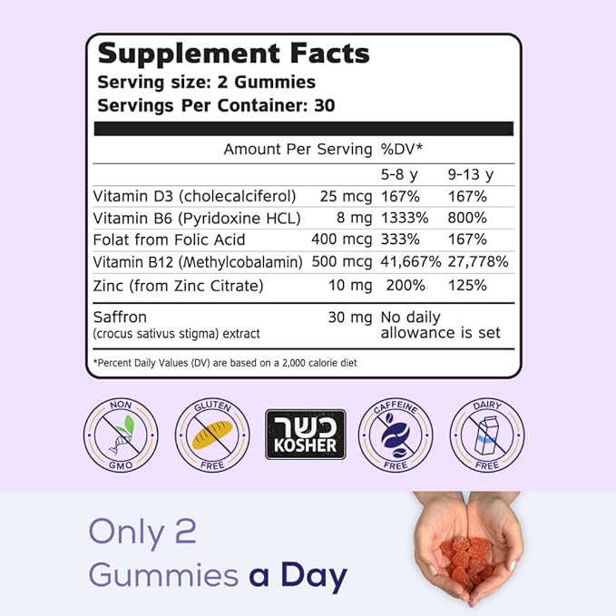 Brain Booster+ 30mg Pure Saffron Extract Gummies & Multivitamin D3, B6, B12, Zinc, Supports Kids Focus, Memory, Attention & Mood Balance - Promotes Brain Health Support, 60x Non-GMO Gummy