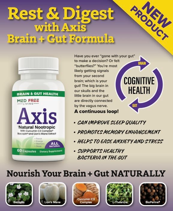 Axis Natural Nootropic Supplement with Curcumin C3 Complex, Bacopin, and Lion's Mane Extract - Brain & Gut Health Support, Focus, Energy, Stress Relief - 60 Capsules, All-Natural, Med Free Living (1)
