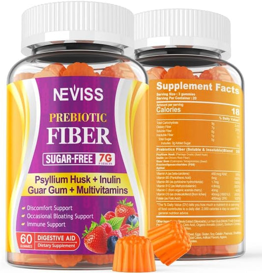 1Pack Prebiotic Fiber Gummies for Adults 7G with Psyllium Husk Fiber , Soluble Fiber + Insoluble Fiber, Inulin, Fos, Multivitamin, Fiber Supplement for Daily Digestive Health,Regularity Gut,Sugar Free