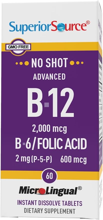 Superior Source NO Shot Advanced B-12 2,000 mcg B-6 / Folic Acid 600 mcg - Folic Acid for Women & Men - B Vitamins Supplement Supports Energy & Cell Health - 60 Sublingual Dissolving Tablets