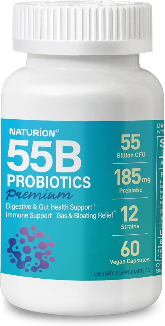 55B Probiotics Premium - 55 Billion CFU, 12 Strains, 185mg Prebiotic - Immune Support, Digestive & Gut Health - Supports Occasional Constipation, Gas & Bloating - 60 Vegan Capsules, 60 Day Supply