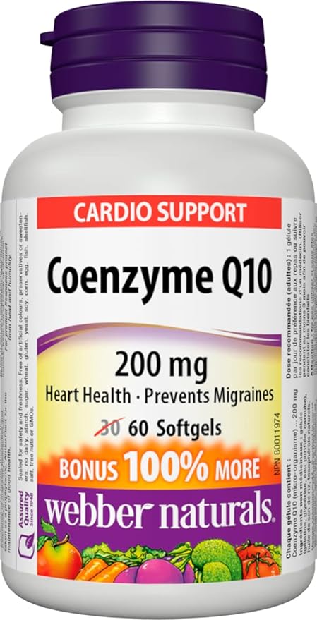 Webber Naturals Coenzyme Q10 (CoQ10) 200 mg, 60 Softgels, High Potency Antioxidant Supplement, for Heart Health and Cellular Energy Production, 60 Day Supply, Gluten Free