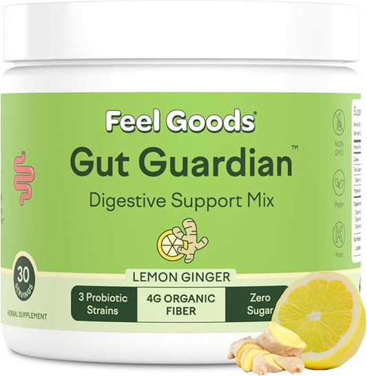 Feel Goods Gut Guardian, Probiotic & Prebiotic Powder for Gut Health Support with Organic Fiber & Herbs, Digestive Health for Men & Women, Sugar Free, Vegan, Gluten Free, Lemon Ginger, 30 Servings