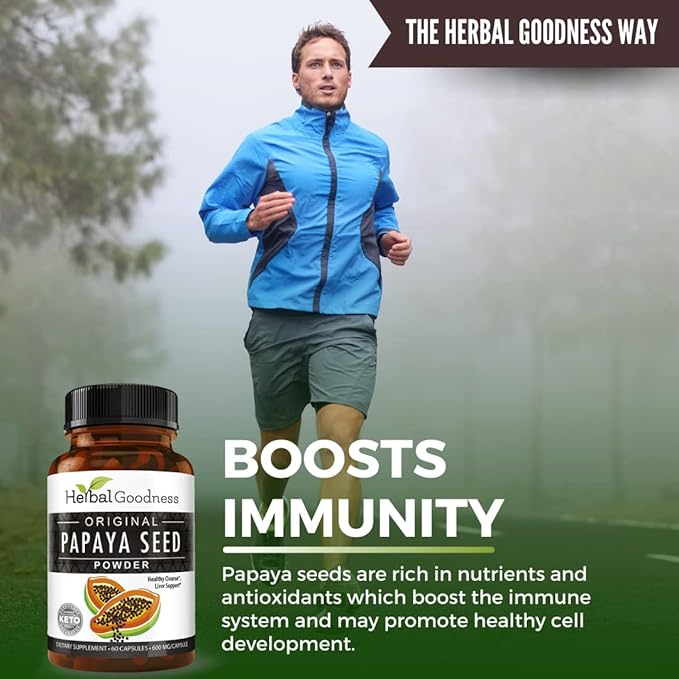 Herbal Goodness Papaya Seeds Capsules 60ct - Supports Gut and Digestive Health -100% Natural Body Detox Cleanse and Colon Broom Formula - 1 Pack
