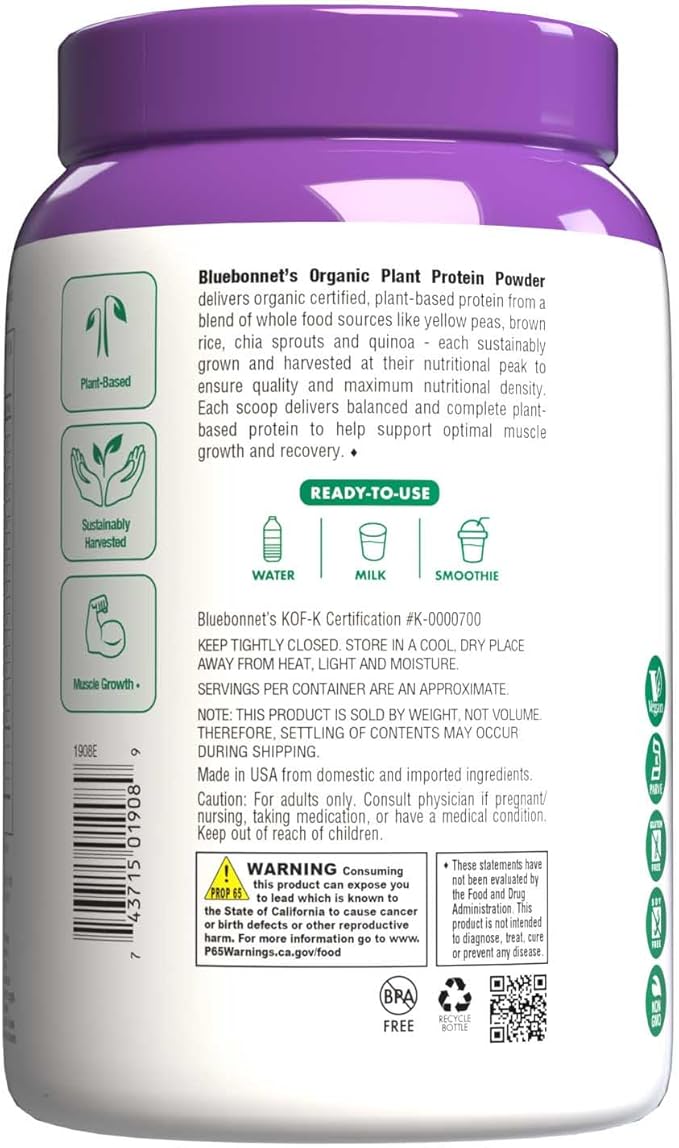 Bluebonnet Nutrition Organic Plant Protein - 18g Protein, 3.5g Fiber – Chia, Quinoa & More - Non-GMO, Vegan, Kosher, USDA Organic, No Sugar Added – Free of Gluten, Soy & Milk - 1 LB, Chocolate Flavor