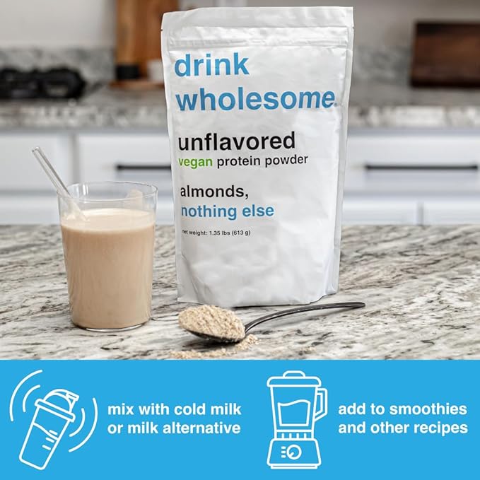 drink wholesome Vegan Unflavored Almond Protein Powder | for Sensitive Stomachs | Gut Friendly | Dairy Free | No Artificial Sweeteners or Stevia | Low Sodium, Paleo & Plant Based | for Kids & Seniors