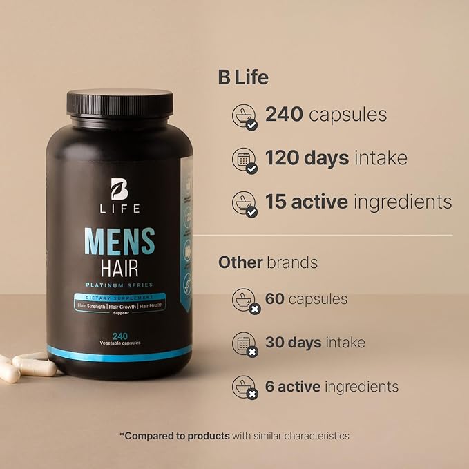 Men's Hair Supplement with Biotin, Selenium, Zinc, Collagen, Vitamins A, C, E, B5 and D3 | 240 Caps - 120 Days | Hair Growth and Strength | Made in USA by B Life.
