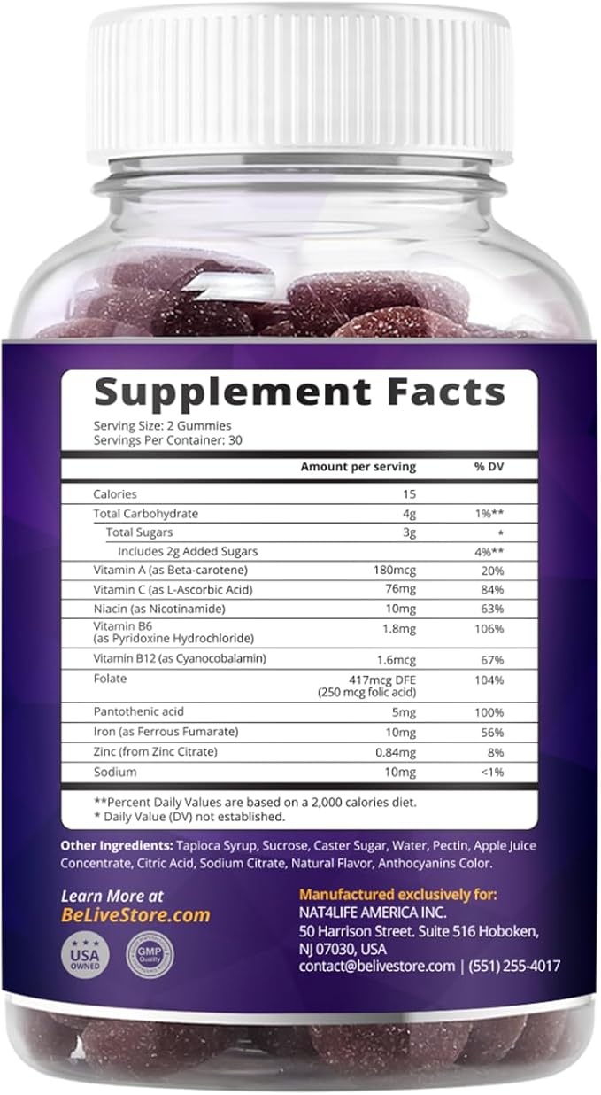 BeLive Iron Gummies - Multivitamin Supplement with Vitamin C, A, B & Zinc, Supports Blood Oxygen, Vegan Iron Supplements for Women, Men & Kids for Growth and Development - Grape Flavor | 1-Pack