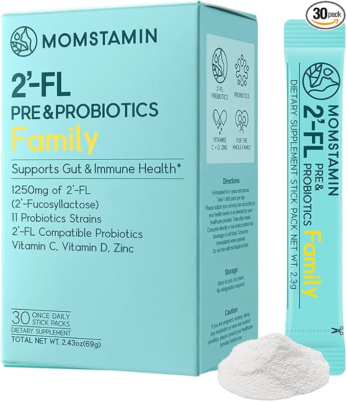 MOMSTAMIN 2'-FL HMO Prebiotics Probiotics Powder, Patented 11 Strains, Healthy Gut Microbiome, Immune Digestive Supplement, IBS Relief, 30 Sticks