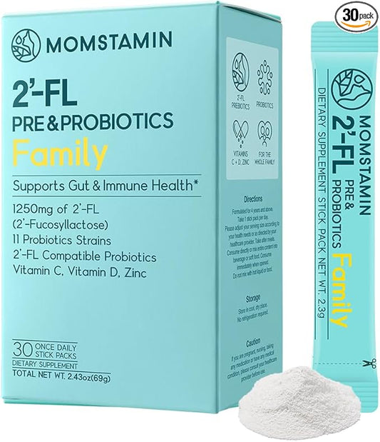 MOMSTAMIN 2'-FL HMO Prebiotics Probiotics Powder, Patented 11 Strains, Healthy Gut Microbiome, Immune Digestive Supplement, IBS Relief, 30 Sticks