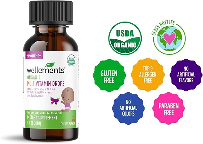 Wellements Organic Baby Multivitamin Drops (1 Fl Oz) - Cherry Flavor Liquid Multivitamins for Infants & Toddlers (2 Months+) - Toddler Vitamins for Immune Support*, Healthy Growth & Bone Development*
