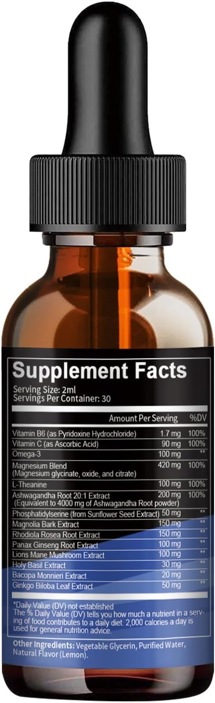 cortisol Supplement Liquid Drops Hormone Balance for Women Men with Magnesium Complex,Ashwagandha,Rhodiola Rosea,L Theanine,Phosphatidylserine Supplements Mood, Focus, Sleep Support 2 FL.OZ