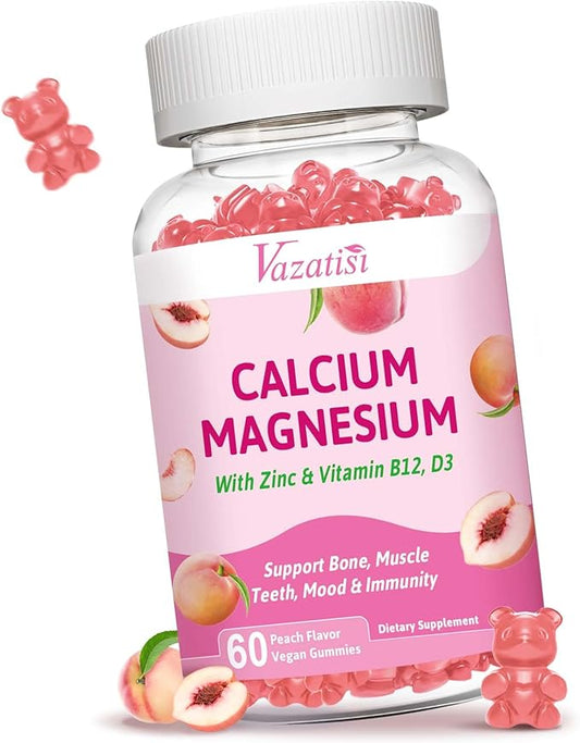 Calcium Magnesium Zinc Gummies with Vitamin D3 B12, Calcium Supplements for Women Men, Support Immunity, Peach Flavor 60 Cts
