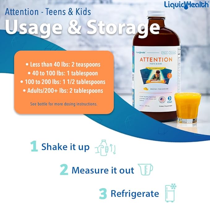 LIQUIDHEALTH Attention Liquid Multivitamin for Kids & Teens - Improves Memory Retention, Concentration, Focus, Mood, Relaxation & Calming - Great Taste, Vegan, Sugar-Free (16 oz)