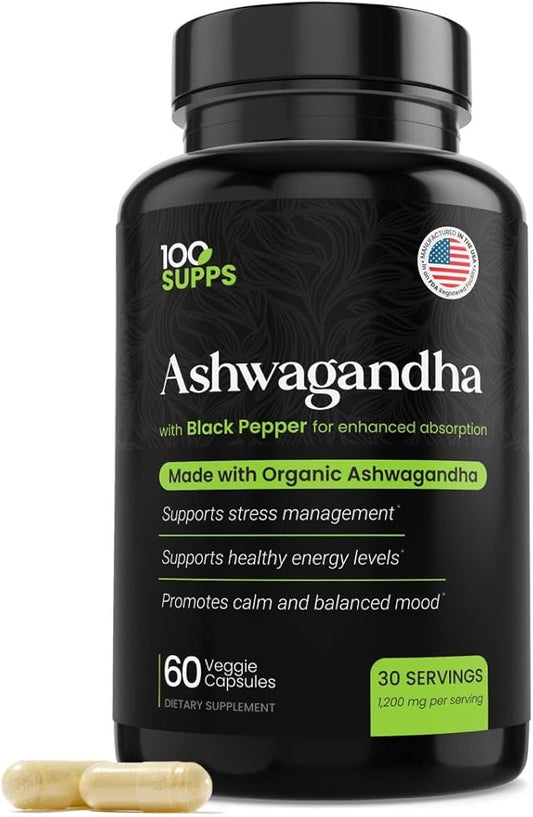 Ashwagandha with Black Pepper – 1,200 mg | 60 Veggie Capsules, 30-Day Supply | Made with Organic Ashwagandha, Gluten-Free, Manufactured in USA
