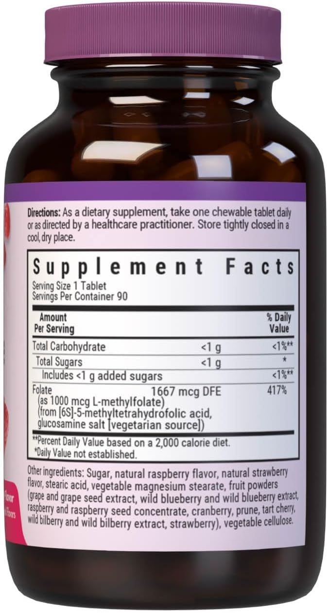 Bluebonnet EarthSweet Methylfolate 1000 mcg Cellular Active Coenzyme 5-MTHF L Methyl Folate Supplement - Prenatal & Energy Support - Non-GMO, Vegan, Gluten-Free - Raspberry - 90 Chewable Tablets