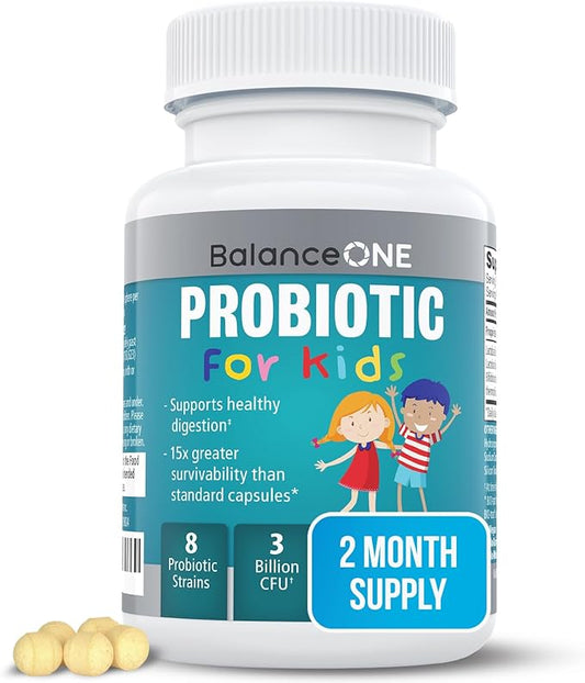 Balance ONE Time-Release Kids Probiotic - 15x Better Survivability Than Capsules or Gummies - 2 Month Supply - 3 Billion CFU Children’s Gut Health & Digestive Support - Sugar Free & Easy to Swallow